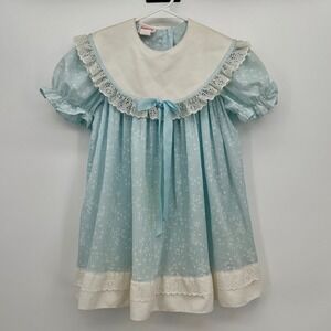 Vintage Roanna Girls Blue Floral Bib Collar Lace Dress Size 6X Made in USA 80s